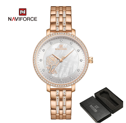 Naviforce Ladies Women Girl Luxury Brand Rose Gold Watches Creative Diamonds 3D Dial Elegant Bracelet Wristwatches ROSEGOLD WHITE