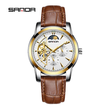 Sanda Premium Commercial Steel Strap Three Hand Water Resistant Luxury Quartz Watch GOLD WHITE LEATHER STRAP