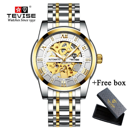 TEVISE Original Watch for Men Automatic Waterproof watch relo Gold Skeleton Luxury Stainless Steel Steel leather strap Luminous 9005A 2