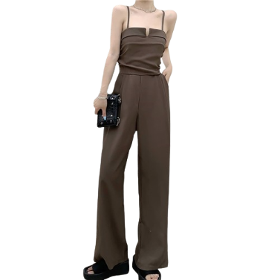 Lovito Women Casual Plain Cold Shoulder Pleated Jumpsuit LNE37397 (Khaki)