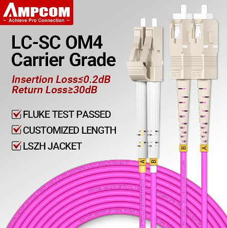 AMPCOM OM4 LC to SC UPC 50/125 Duplex Multimode LSZH 2.0mm Fiber Optic Patch Cable Fiber Optical Jumper Support