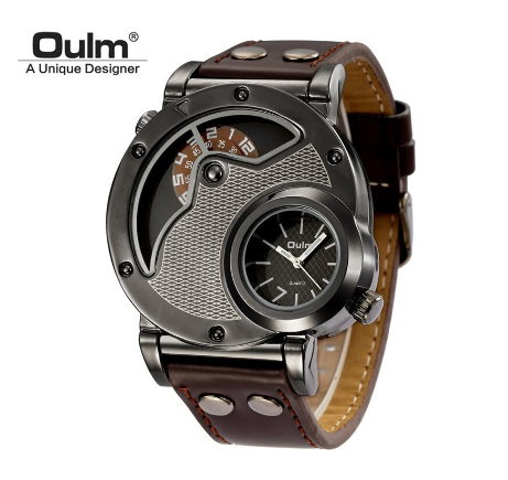 Oulm Dual Time Zone Personality Sports Quartz Men's Watch BROWN