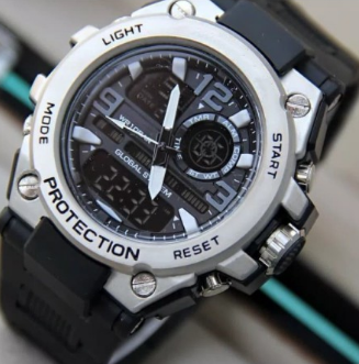 Men's Stainless Steel Quartz Dual Time Watch with Resin Strap, Black, (Model: GST-8600)