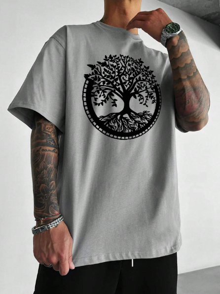 Plus Size Men's Casual Tree Print Short Sleeve Round Neck T-Shirt, Summer