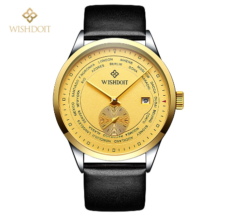WISHDOIT Watch For Men Original Waterproof Leather Strap Business Fashion Luminous Automatic Mechanical Wristwatch GOLD