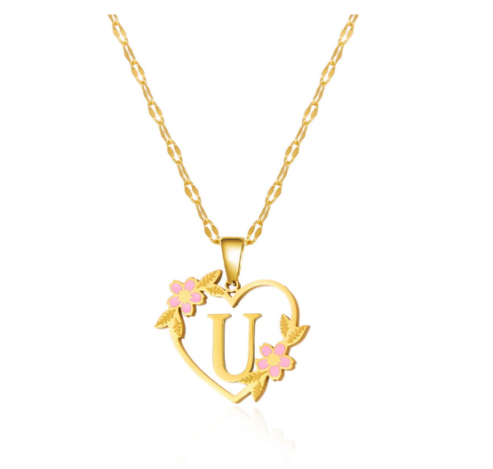 18K Gold Non Fading Letter Necklace Stainless Steel Personalized Initial A-Z Pendant Flower Non Black Necklace Jewelry Gift for Women Girlfriend U