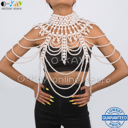 O-KAY Pearl Body Chain Shoulder Necklace Bra Fashion for Theme Party Gift Women