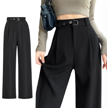 Lovito Women Metal Belted Eyelets Pants L68ED103 (Black)
