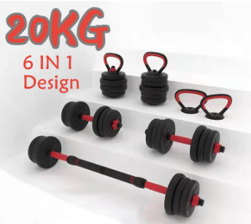 6 in1 Dumbbell Set 20kg Dumbbells Adjustable Convertible Barbell Kettlebell Fitness Equipm