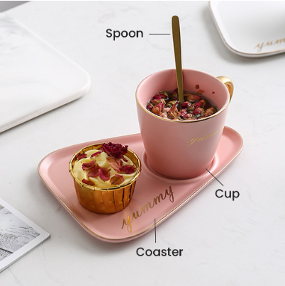 European Luxurious Office Drinking Tea Porcelain Mug Coffee Cup w/ Saucer Plate & Spoon Set