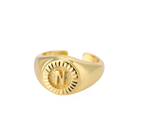 Maxzone Vintage Initial Letter Signet Rings For Women Stainless Steel Ring Round Opening Gold Letter Ring Aesthetic Wedding Jewelry Gift N