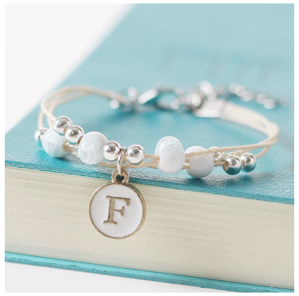 Fashion Ceramics Beads Letters A-Z Bracelet Elastic Chain Bangle Women Men Couple Jewelry Gifts F
