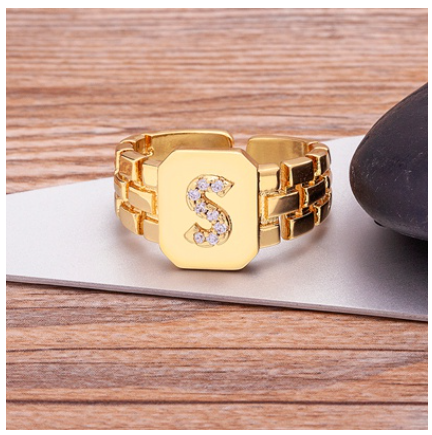 New Arrival Fashion Gold Color Initial Ring Open Design Adjustable Hot Sale A-Z Letters Zircon Rings For Women S
