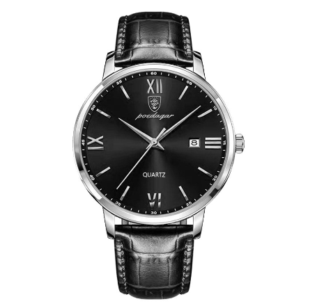 POEDAGAR genuine leather watch for men waterproof 2023 original branded ultrathin calendar luminous casual quartz watch SILVER BLACK