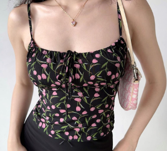Lovito Women Elegant Ditsy Floral Pattern Lace Up Tank Top LNL39136 (Black)