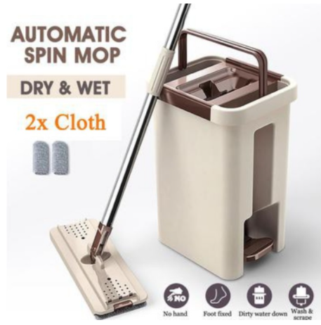 2in1 Self-Wash Squeeze Dry Flat Mop Bucket Tool Kit with 2Pcs Cloth Fiber