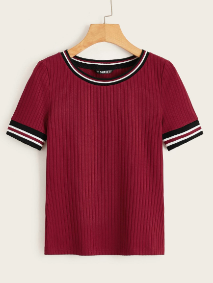 SHEIN LUNE Striped Trim Rib-knit T-shirt