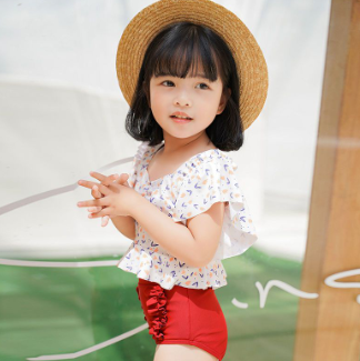 Children Clothing Baby Girl Infant Swimsuit High Waist Pants Cover Belly Small Floral Flying Sleeves Middle Swimwear