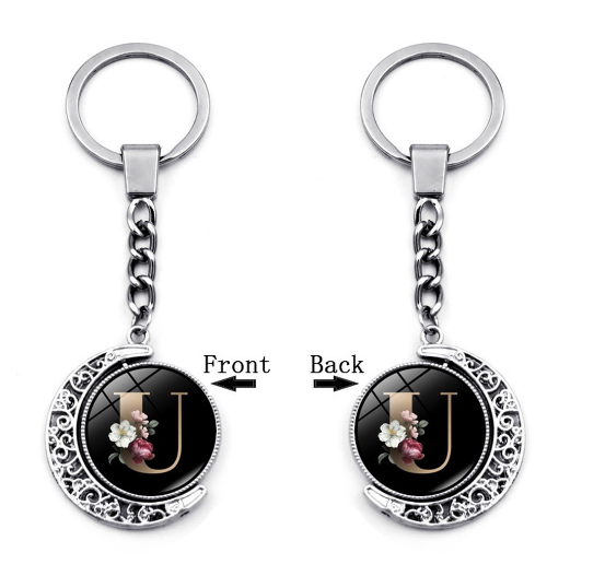 1PC Exquisite 26 Letter Glass Keychains Double Sides Moon Flower A-Z Initials Keyrings Handbag Charms Ornaments Gifts U