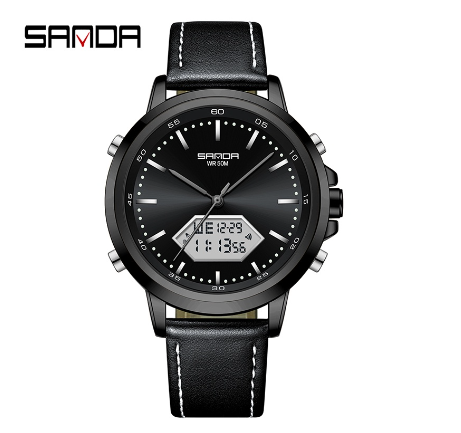 Sanda Waterproof Round Men's Fashion Quartz Watch Stainless Steel Strap Outdoor Watch BLACK WHITE LEATHER STRAP