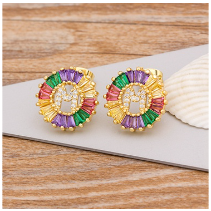 Colorful Choice 26 Initial Letters Earrings Cute Alphabet Copper CZ A-Z Rainbow Stud Earrings Name Jewelry M