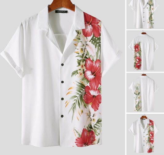 Men Casual Flower Printing Short Sleeve Lapel Buttons Up Fashion Shirt
