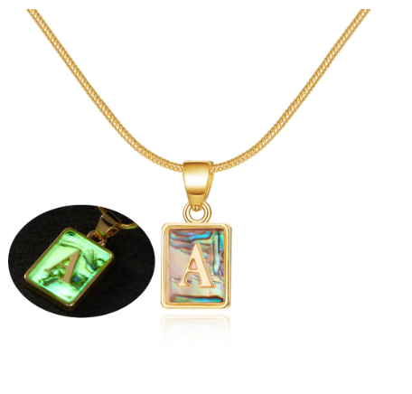 18K Gold 26 Letter Square Colorful Nightlight Pendant Snake Bone Chain Necklace English Letter Pendant Necklace A