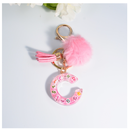 Exquisite Pink A-Z Letter Resin Keychain With Hairball 26 Initials Keyring Charms Women Bag Ornament Best Festival Gift C