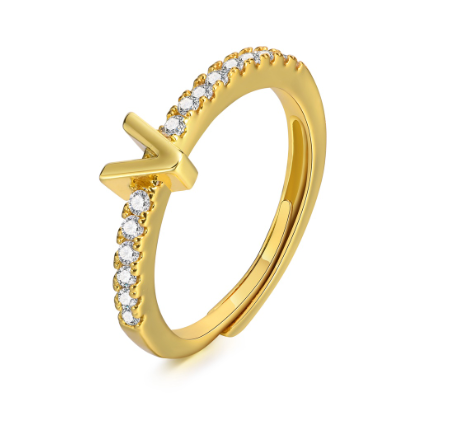 Vnox 26 Lettes Gold Luxury Ring,Shiny Zircon Initial Ring,Opening Adjustable Rings for Women V