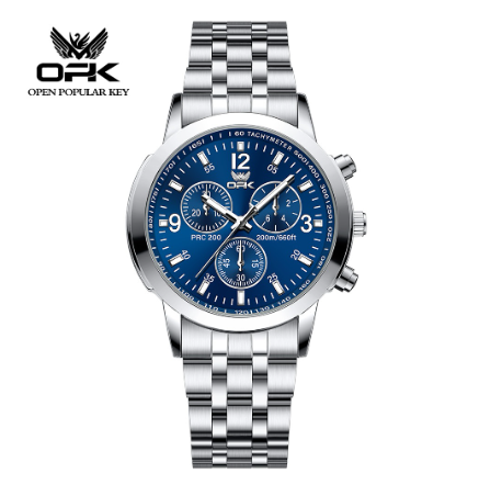 OPK Men's Watch Waterproof Original Quartz Luminous Calendar Stainless Steel Watch BLUE DIAL SILVER STRAP