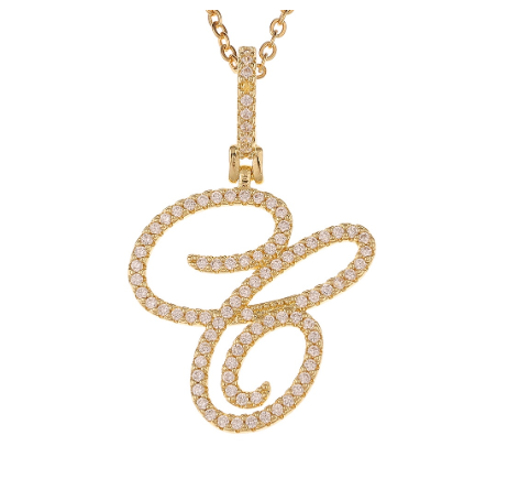 Fashion A-Z Initial Cursive Letters Pendant Necklace For Women Gold Color Shiny Rhinestone Chain Necklace Jewelry Gift C