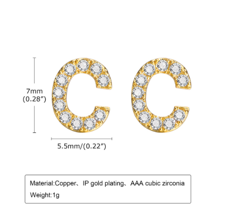 Vnox Gold Zircon Cubic Letter Stud Earrings,Initial Alphabet Small Hypoallergenic Earring One Pair C
