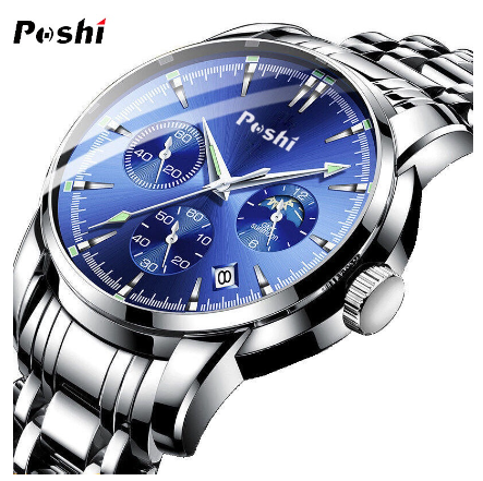 POSHI Men Watch Automatic Stainless Steel Waterproof Dive Sports Quartz Fashion Wristwatch SILVER BLUE