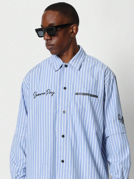SUMWON Regular Fit Double Layered Sleeve Pinstripe Shirt With Graphic Print