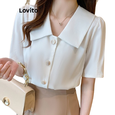 Lovito Women Casual Plain Button Front Basic Blouse LNE29138 (White/Blue)