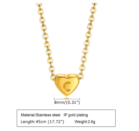 MG A-Z Letter Necklace, Lovely Cute Heart Letter Necklace, Necklace Gift Jewelry, Gold Stainless Steel C