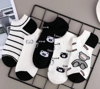 Black Short Socks For Men ins Fashion Versatile Spring and Summer Thin Student Black and White Cute Japanese Cartoon Boat Socks