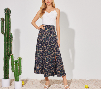 Lovito Women Casual Ditsy Floral Split Front Skirts LBE04021 Dark Blue