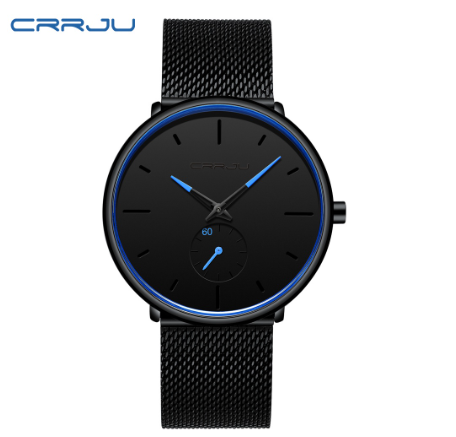 CRRJU Fashion Mens Watches Top Brand Luxury Quartz Watch Men Casual Slim Mesh Steel Waterproof Sport Watch 2150X BLACK BLUE 3