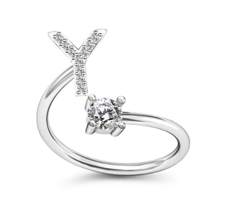 Simple Rhinestone 26 Letter Rings For Women Sliver Color Initials Adjustable Ring Opening Finger Accessories Wedding Jewelry Y