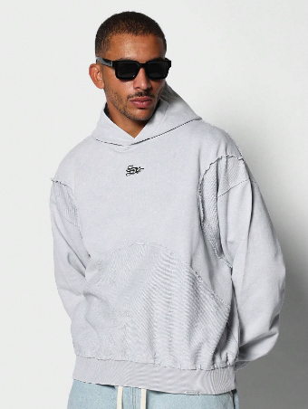 SUMWON Oversized Washed Raw Edge Hem Hoodie With Front Graphic Print