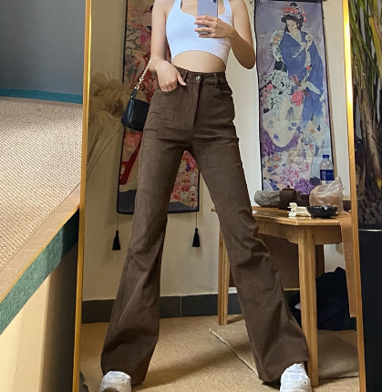 High Waist Micro Flared Jeans Women's Retro Loose Wide Leg Pants Spring Brown Jeans