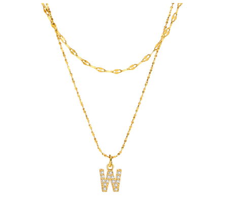 Vnox Double Layered Letter Initial Pendant Necklace,Gold Plated Shiny Zircon Alphabet Charm Necklace for Women W
