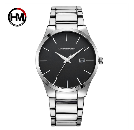 Hannah Martin Watch for Men Stainless Steel Band Quartz Watches Waterproof Watch SILVER BLACK