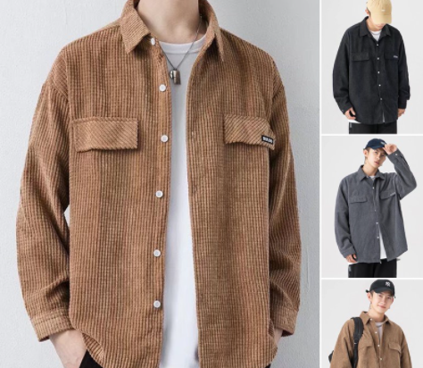 Plain Waffle Corduroy Long Sleeve Shirt For Men Baju Kemeja Lelaki Korean Style Trend All-Match Loose Casual fashion Vintage Teens Cargo Jacket Mens