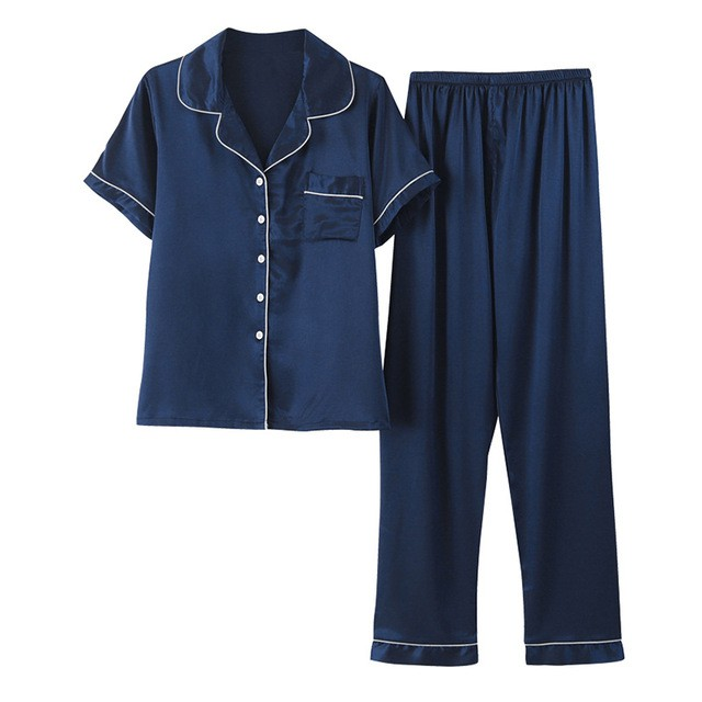 FallSweet Women Pajamas Sets Silk Solid Sleepwear Pyjamas Plus Size V Neck Nigtwear Sets (Blue)