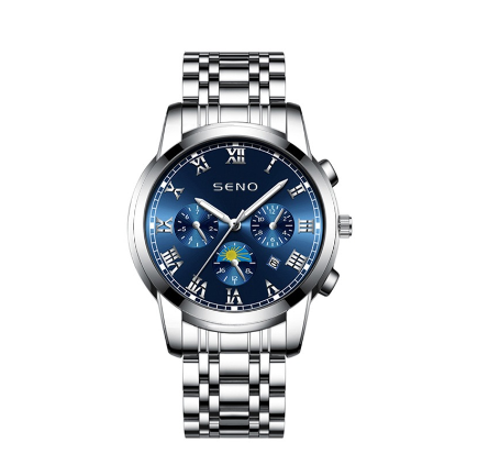 SENO Fashion Luxury Men's Watch Stainless Steel Casual Wristwatches Quartz Movement 30M Waterproof Calendar Original Watch BLUE STEEL