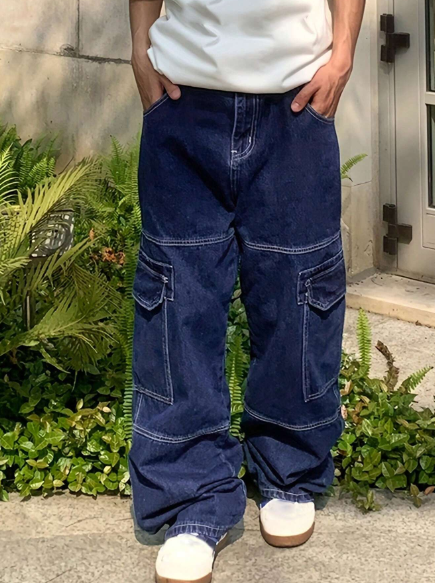 Men's Vintage Loose-fit Denim Blue Cargo Pants