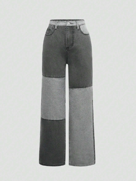 SHEIN New Street Style, Cool, Fashionable, Comfortable, Color-block, Teen Girls' Straight Leg Jeans
