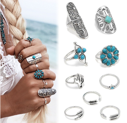 9pcs Bohemian Ethnic Alloy Turquoise Carved Above Knuckle Midi Open Finger Rings Set